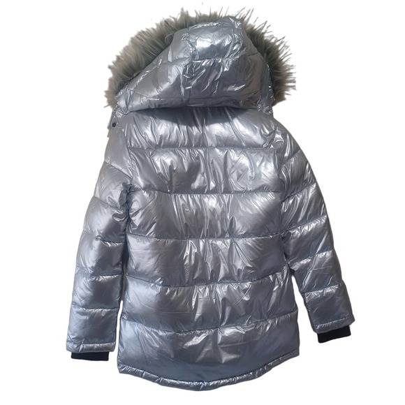 DIESEL Girls Silver Metallic Puffer Removable Faux Fur Jacket Size 14 - Picture 3 of 6